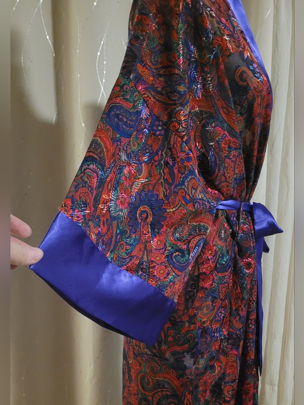 Vtg Victoria's Secret Gold Label Jewel Tone Purple Paisley Satin Maxi Robe OS - Picture 5 of 15